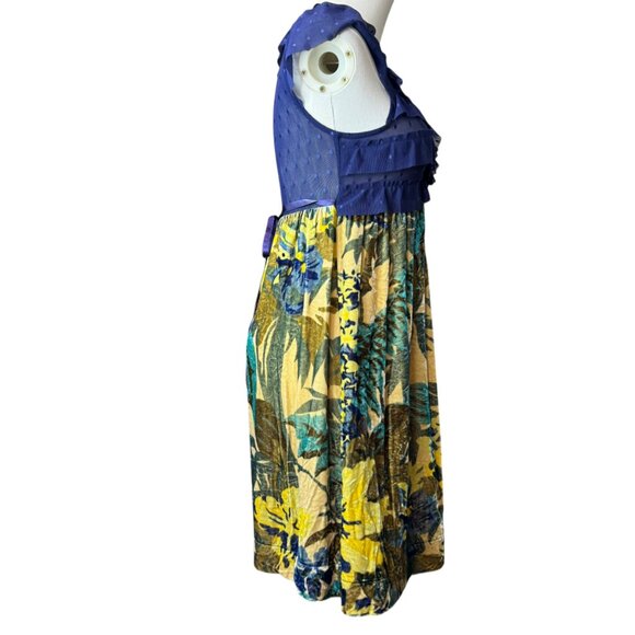 Free People Velvet Burnout Floral Mini Dress Blue Yellow Ruffle Mesh Bodice SZ:S - Picture 6 of 7